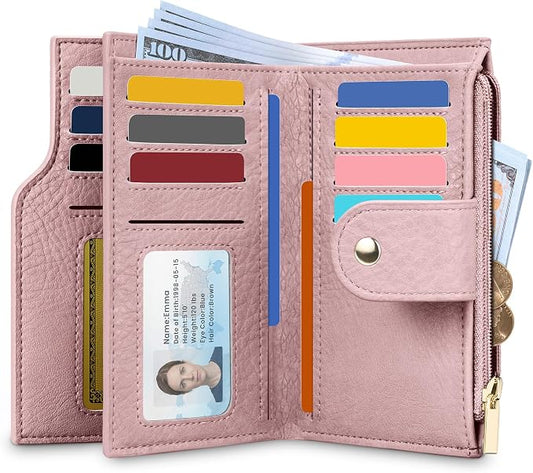 Airkit Small Women's Bifold Wallet, RFID Blocking Credit Card Holder with Zipper, Travel Cute Coin Pocket Wallet for Ladies, Pink