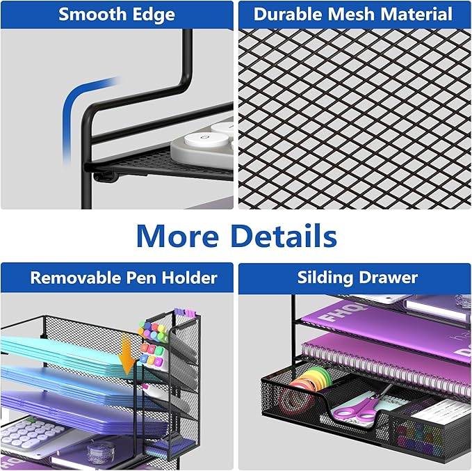 4 Tier Desk Organizer + 3 Tier File Holder + 4 Pen Holders + Drawer, 7 Tier Desk File Organizers, Desk Organizers and Accessories for Office Home School, Black