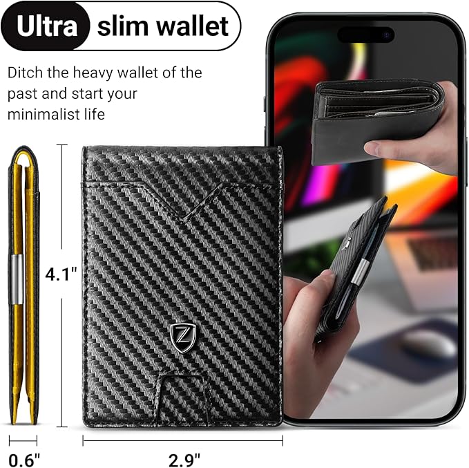 Zitahli Slim Wallet for Men with Money Clip, Minimalist Front Pocket RFID Blocking Leather Wallets Bifold Credit Card Holder, 11 Card Slots and ID Window with Gift Box
