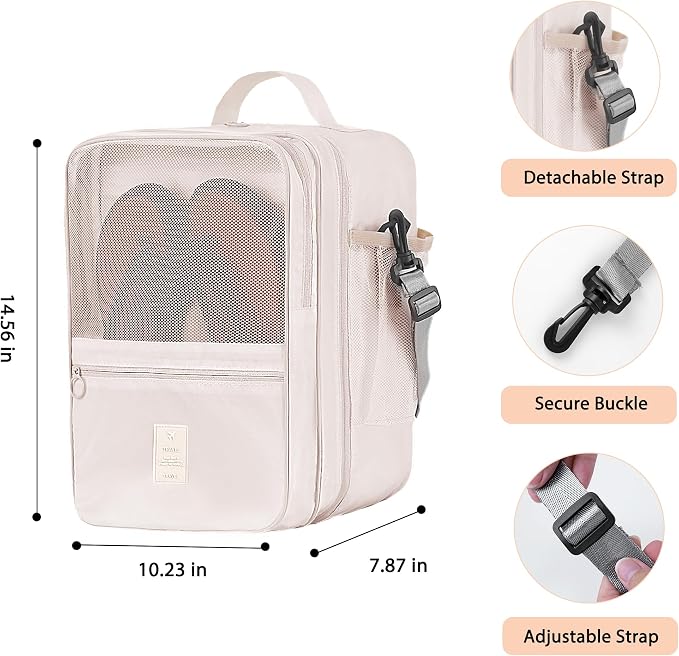 Large Shoe Bags for Travel Holds 4 Pair of Shoes, Shoe Storage Pouch with 3 Layers Compartments, Waterproof & Washable (Cream)