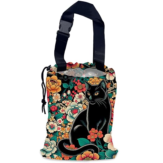 Black Cats Car Trash Bag,Tropical Flowers Hanging Drawstring Car Garbage Bag,Waterproof Canvas Car Back Seat Organizer with Adjustable Buckle,for Vehicles,SUVs,Camping,Road Trips