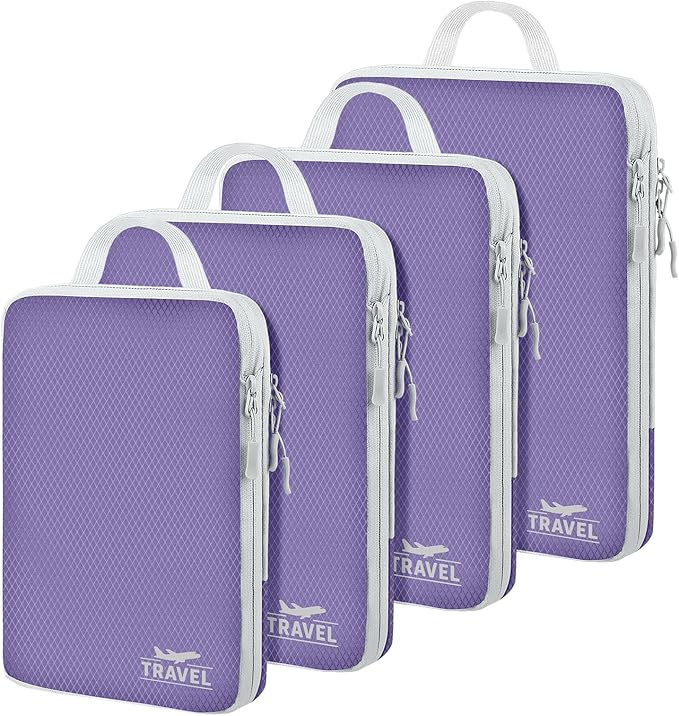 4 Set Compression Packing Cubes, Suitcase Organizer, Lightweight Travel Essentials, Compression Bags For Travel Accessories Luggage Storage Set (4 Pcs, Purple)