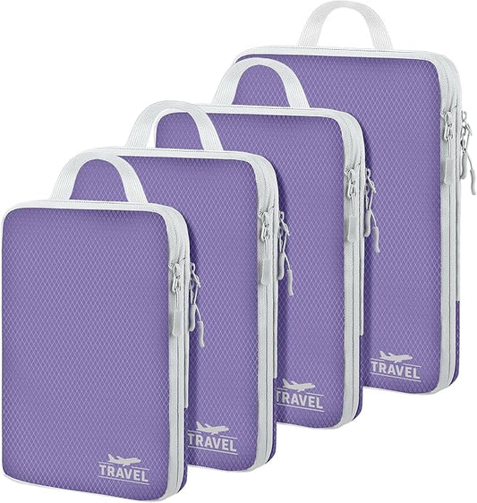4 Set Compression Packing Cubes, Suitcase Organizer, Lightweight Travel Essentials, Compression Bags For Travel Accessories Luggage Storage Set (4 Pcs, Purple)