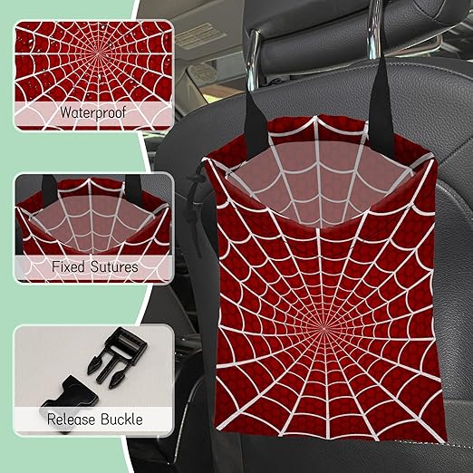 Spider Web on Red Car Garbage Bag,Waterproof Small Car Trash Bag Hanging Back of Seat,Drawstring Hanging Car Trash Bag with Adjustable Buckle for Car Accessories