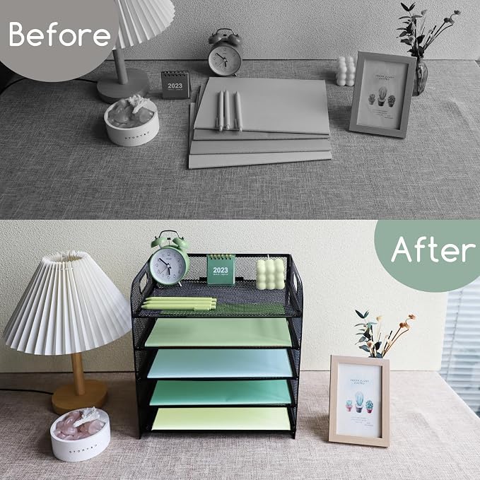 Paper Letter Tray with Handle, 5 Tier Metal Mesh Desk File Organizer, A4 Paper Desktop Filing Trays, Desk Tidy Magazine Document Holder for Home Office, Black