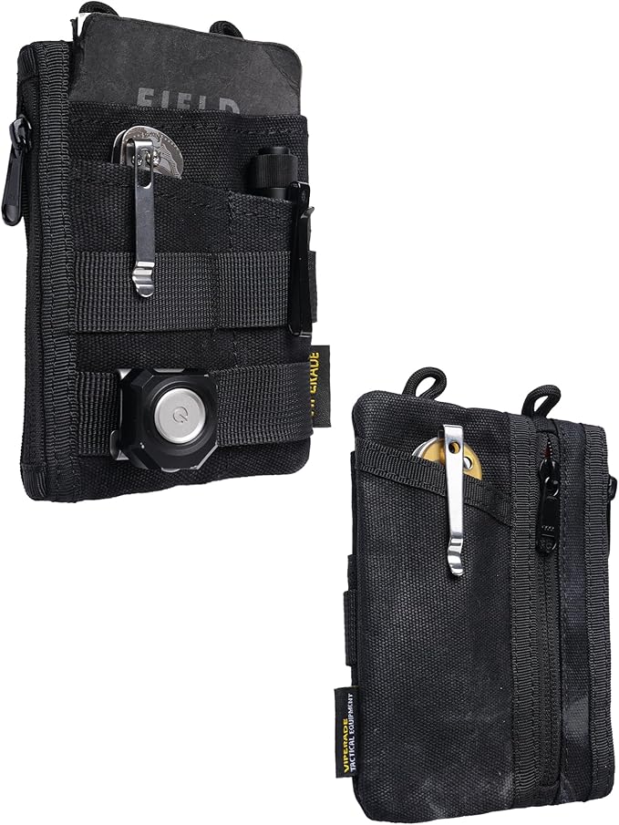 VIPERADE VE18N-OW Waxed Canvas Zipper Wallet, Slim Pocket Pouch, 3 Slots and 2 Zipper Pockets - Minimalist EDC Wallet (Black)