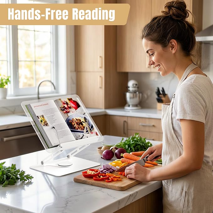 HAUTOCO Adjustable Acrylic Book Stand for Reading, 360° Rotating Base, Foldable Desktop Book Holder with Elastic Page Clips, Hands-Free Cookbook Stand for Laptop, Tablet, Recipe, Textbook, Music Score