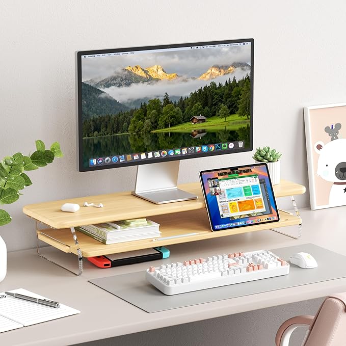 AFOOYO Bamboo Dual Monitor Stand Riser,31.5In 2 Tier Desk Organizer, Adjustable Arylic Feet Computer Monitor Stand, Desk Shelf for Office