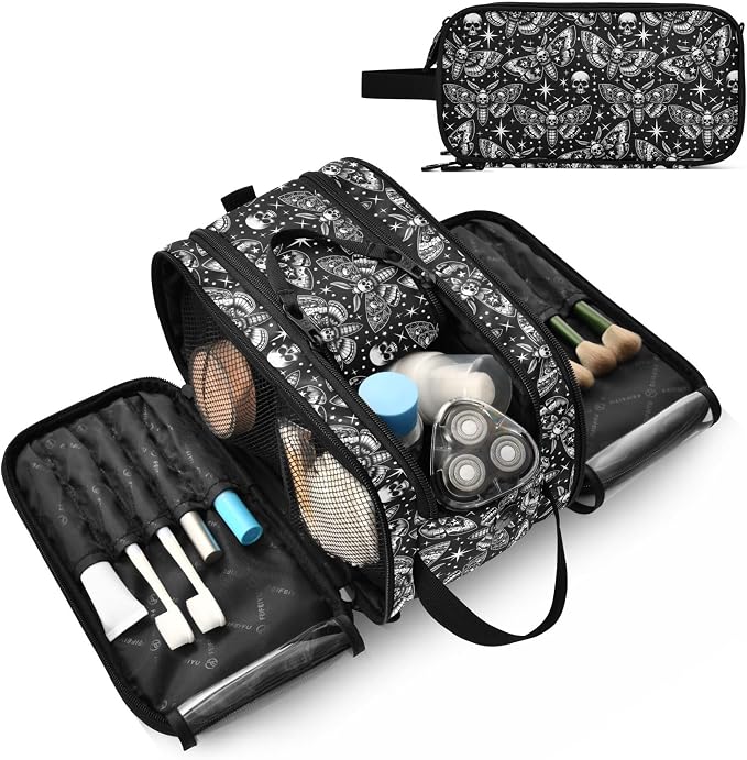MNSRUU Large Capacity Makeup Bag, Digital Skull Head Moth Cosmetic Bag Portable Toiletries Pouch with Compartments Makeup Organizer Case for Travel Women