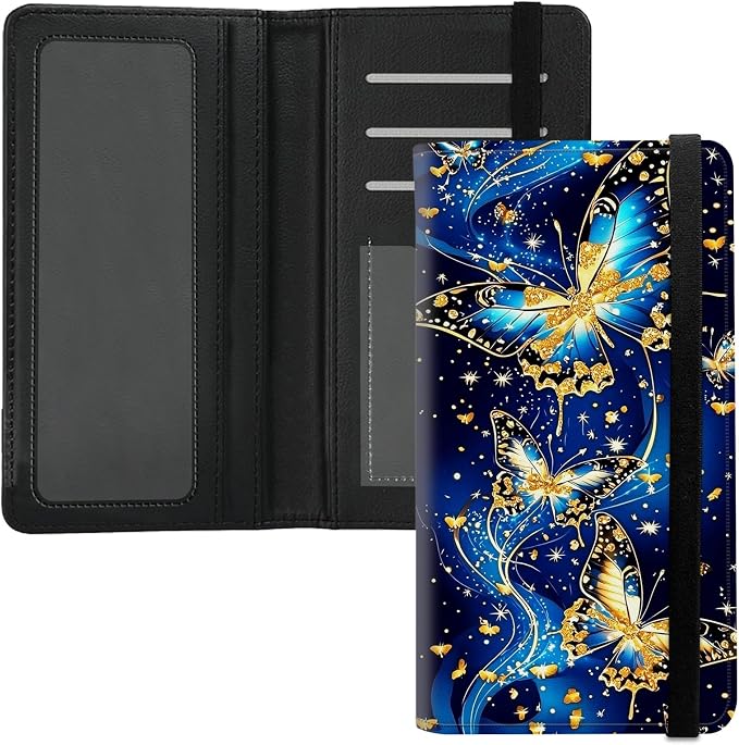 Premium PU Leather Checkbook Cover for Men & Women,RFID Blocking Slim Check Book Holder with Duplicate Check Divider & Pen Holder,Fits Standard Personal Checks,Blue Gilded Butterfly