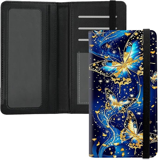 Premium PU Leather Checkbook Cover for Men & Women,RFID Blocking Slim Check Book Holder with Duplicate Check Divider & Pen Holder,Fits Standard Personal Checks,Blue Gilded Butterfly