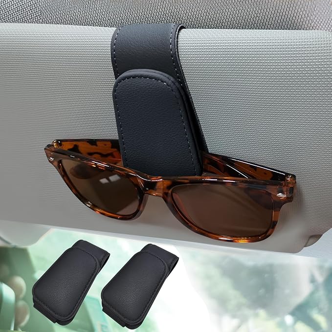 2 Pack Sunglasses Holders for Car Sun Visor,Magnetic Leather Glasses Eyeglass Hanger Clip for Car,Visor Sunglass Holder,Glasses Hanger Clip, Sunglasses Clip for Car Visor（Black）