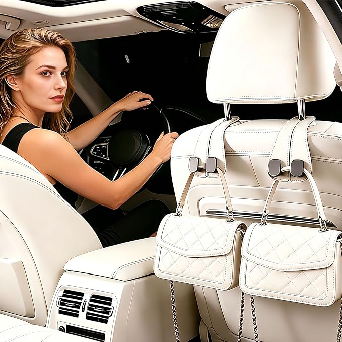 2 Pack KAFANLIN Car Headrest Hooks for Purses and Bags Cute Leather Car Seat Back Head Rest Double Hooks for Bags Cute Pink Beige Car Accessories Headrest Back Seat Handbags Hook (Beige 2 Pack)