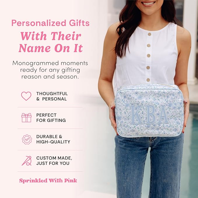 Personalized Clear Coated Pouch - Medium or Large Toiletry Bag with Embroidered or Applique Monogram, Custom Makeup or Travel Organizer, Easy-Clean Cosmetic Bag, Travel Gift for Women (Dahlia, XL)
