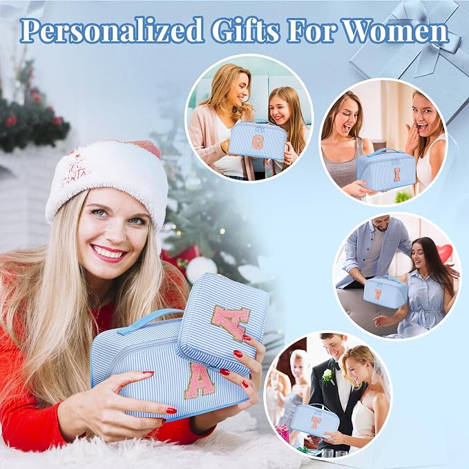 2026 Graduation Gifts - Travel Makeup Bag for Women, 2Pcs Portable Personalized Initial Makeup Organizer Bag, Open Flat Large Cosmetic Bag With Travel Essential Pouch (Blue Letter J)