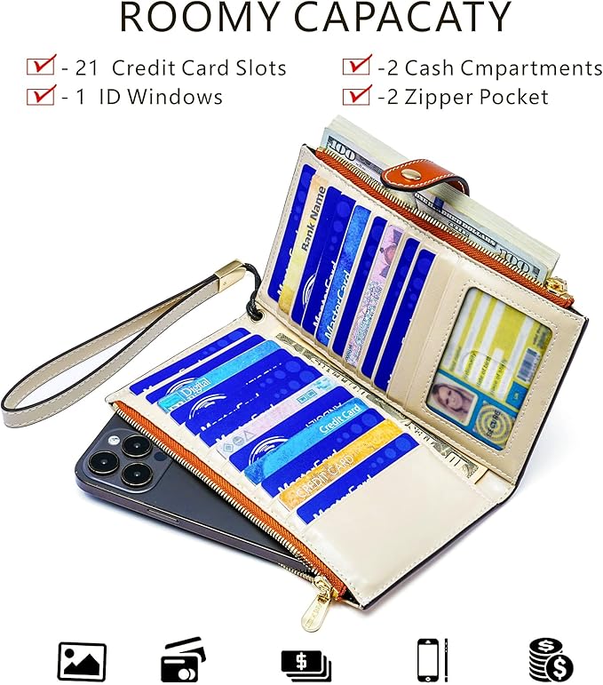 ANDOILT Women's Genuine Leather Wallet RFID Blocking Credit Card Holder Zipper Purse Cell Phone Handbag