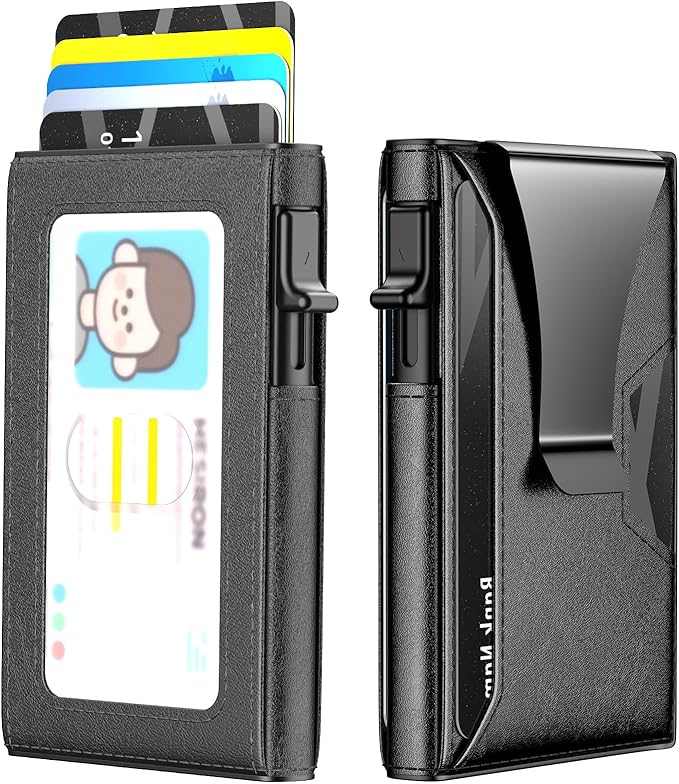Wallet for Men Slim Minimalist Pop-up Smart Holds 5-6 Cards - RFID Blocking Metal with Money Clip, Credit Card Holder & ID Window,Business Card Cases, men accessories (Black)
