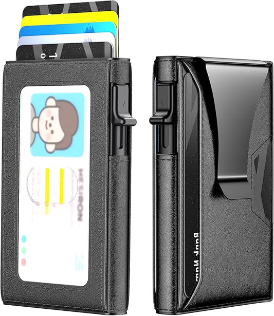 Wallet for Men Slim Minimalist Pop-up Smart Holds 5-6 Cards - RFID Blocking Metal with Money Clip, Credit Card Holder & ID Window,Business Card Cases, men accessories (Black)