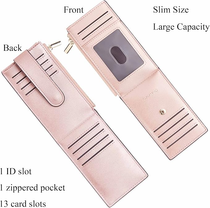 Chelmon Womens Wallet Slim RFID Blocking Bifold Multi Card Case Wallet with Zipper Pocket (Rose Gold CLassic)