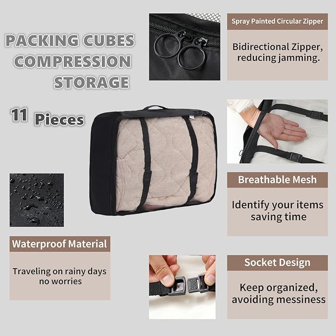11 Set Packing Cubes for Travel Essentials, Suitcase Organizer Bags for Airplane Road Trip Camp - Black