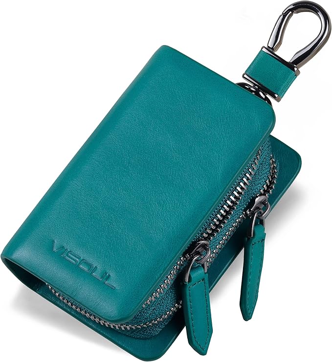 VISOUL Car Key Case Holder Double Zipper, Leather Car Smart Key Fob Case with Keychain for Men and Women