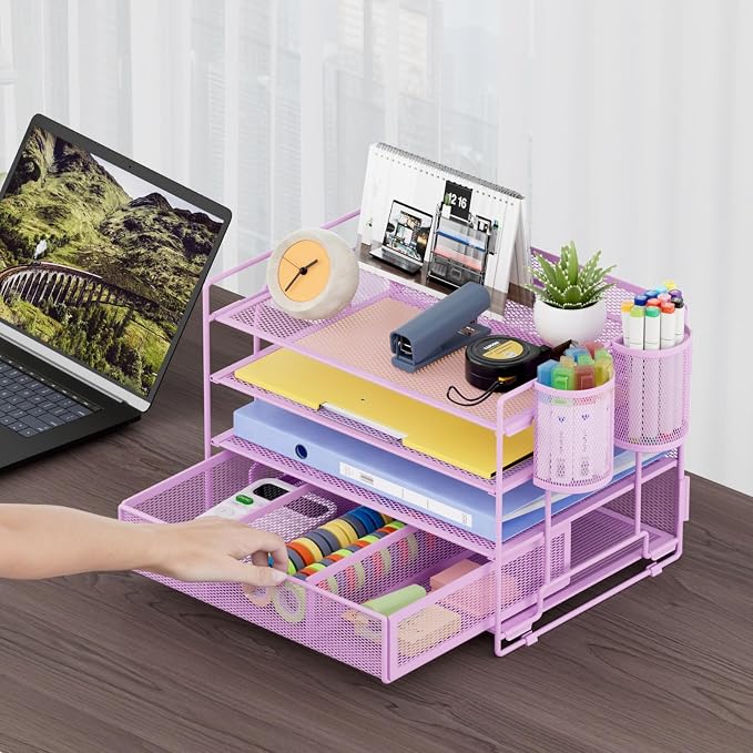 Marbrasse Desk Organizer and Accessories4-Tier Paper File Letter Tray Accessories & Workspace Desk Organizers with Drawer and 2 Pen Holders for School Home Office Supplies (Purple) 2Pack
