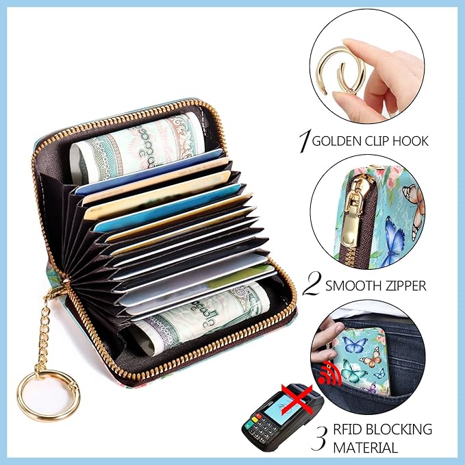 Blusabaca Credit Card Holder for Women, Butterfly Small RFID Blocking Wallet with Wristlet Strap, Keychain Zipper Women Wallet, Leather Card Case, Accordion Card Wallet Purse with Key Lanyard