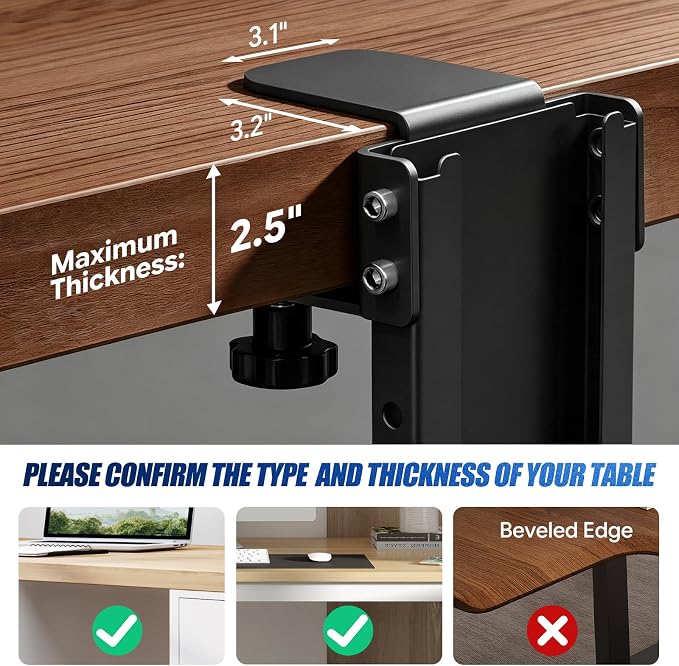 TooCust Adjustable Under Desk PC Mount, Heavy Duty No Drilling Clamp Mount on Desk Fits Most PC Tower 14.5”-22.4” (H) , Thickened & Ultra Strong CPU Holder for Standing Desk & Home Office, Black