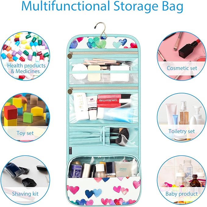 Fintie Portable Toiletry Cosmetic Travel Bag, Large Water Resistant Hanging Makeup Organizer Storage Pouch Case for Women Girls (Raining Hearts)