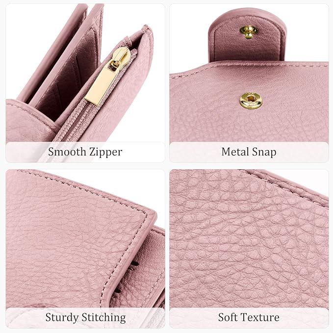 Airkit Small Women's Bifold Wallet, RFID Blocking Credit Card Holder with Zipper, Travel Cute Coin Pocket Wallet for Ladies, Pink