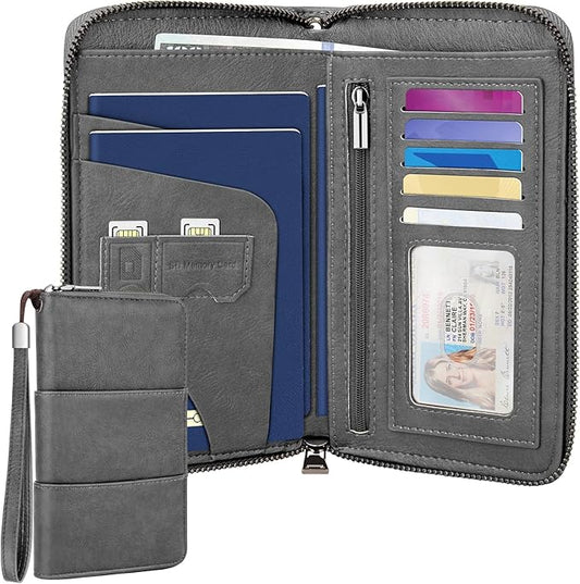 Family Passport Holder Wallet with Zipper, RFID Blocking Travel Document Organizer, PU Leather Passport Wallet for Women Men, Passport Cover Travel Wallet for Boarding Pass, ID, Money, Ticket