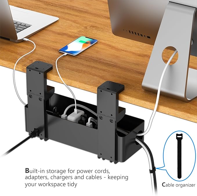 Hiree Under Desk Cable Management Tray with 6 AC Power Outlet and Clamp Mount, No Drill Cord Storage Organizers for Wire Management, Standing Desk, Computer Cord Rack for Office & Home (Black)