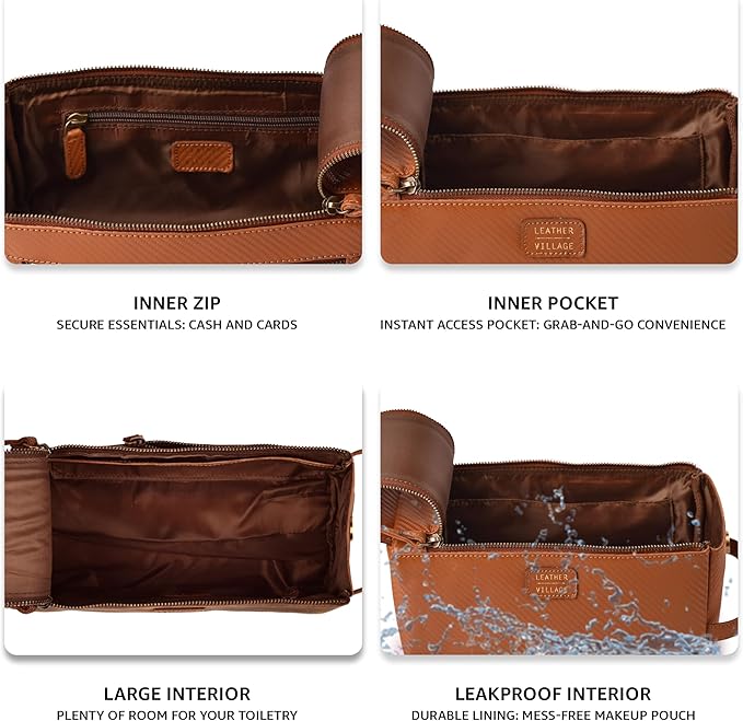 LEATHER VILLAGE Genuine Carbon Fiber Genuine Leather Travel Toiletry Bag - Large Dopp Kit, Water-Resistance Bathroom Kit & Shaving Organizer for Men & Women - Tan