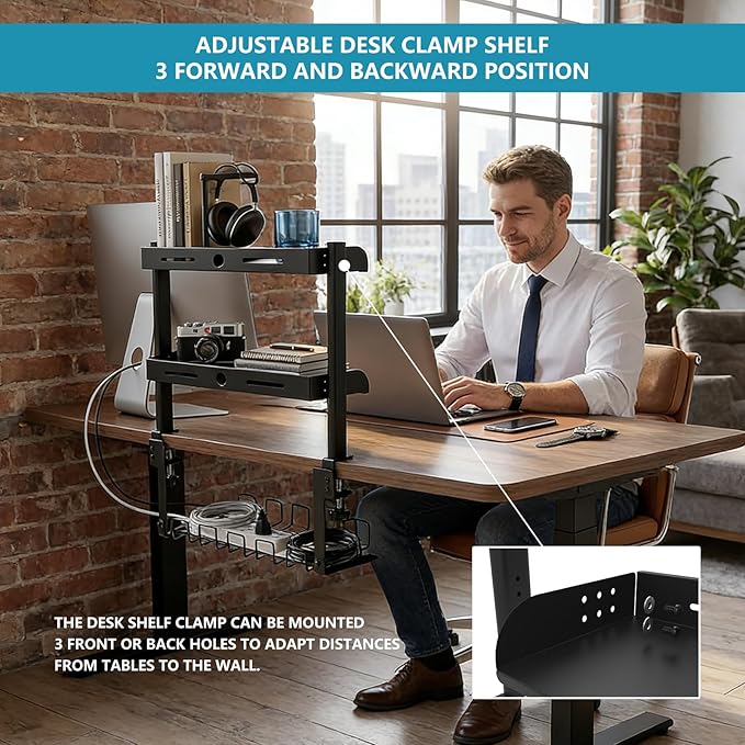 Clamp on Desk Shelf,3 Tier Desktop Organizer,Adjustable Clamp on Desk Top Organizer with Under Desk Hidden Storage Basket&Hooks,No Drilling Desk Clamp Storage Shelves for Working Gaming Accessories