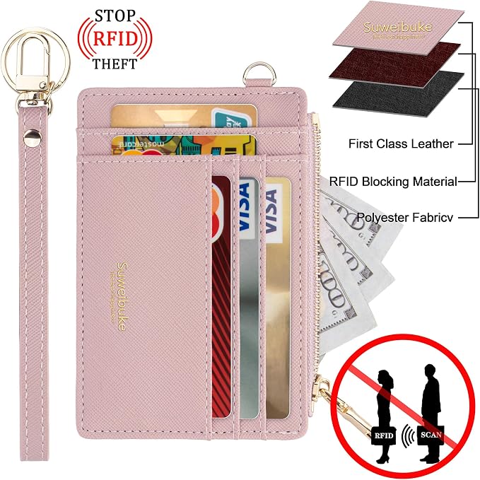 Wikavanli Women Slim Rfid Blocking Credit Card Case Holder Wristlet Zip ID Case Wallet Small Compact Leather Wallet Coin Purse with Keychain (Light Pink)