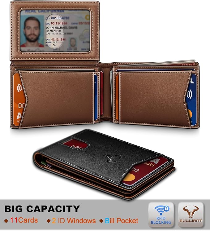 BULLIANT Men Wallet, Slim Leather Wallet Front Pocket Card Holder Gift For Men 11 Slots RFID Blocking