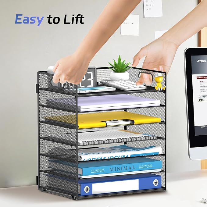 2 Pack 7 Tier Paper Organizer - Mesh Desktop File Holder with Handles for Office School Desk, Black
