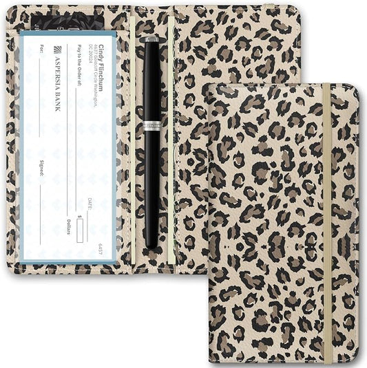 Checkbook Cover for Men Women, Premium Leather Checkbook Holder with RFID Blocking and Built in Clear Plastic Divider for Personal and Business Checks (Leopard-Yellow)