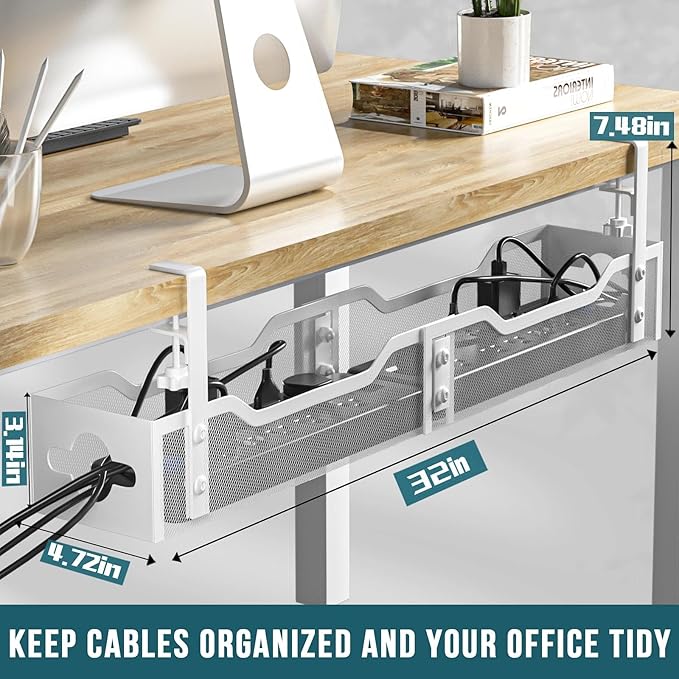 Under Desk Cable Management Tray 32'', Cable Management Under Desk No Drill, Cable Organizer with Clamp for Wire Management, Cord Organizer for Office, Home - No Damage to Table (White)