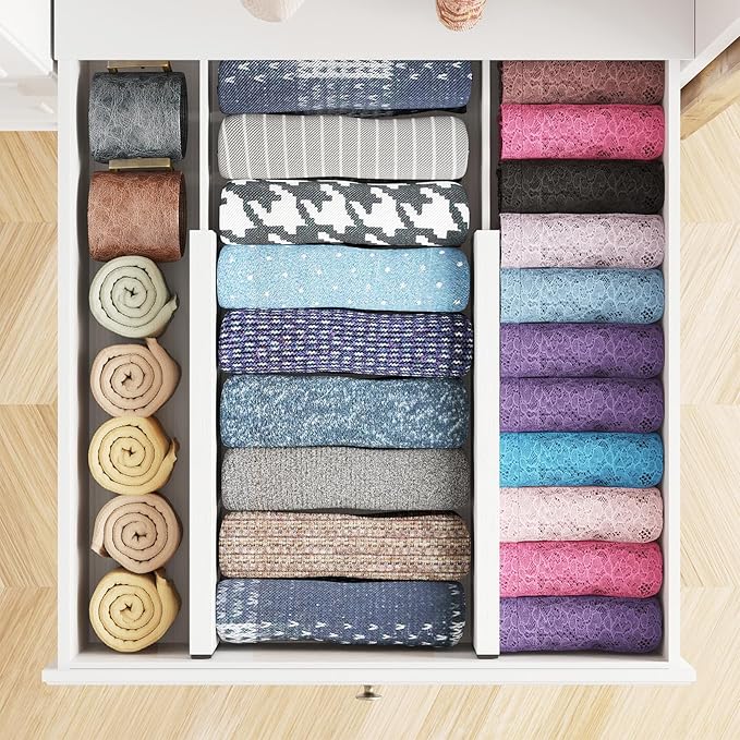 SpaceAid Bamboo 4 Pack Dresser Drawer Dividers, 4.65??High Adjustable 12.5??17??Drawer Organizers, Expandable Organization for Clothing, Clothes, Dressers, White