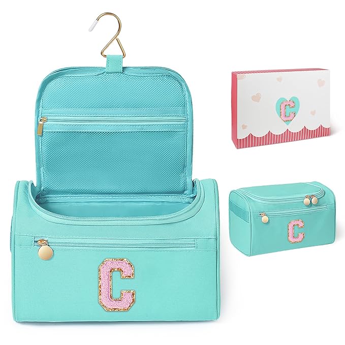 COSHAYSOO Initial Girls Hanging Travel Toiletry Bag Traveling Size Skincare Toiletries Bags Teen Girl Trip Gifts Favors, Summer Fall Camp Essentials for Teenage Sleepaway Sleepover Teal Blue Letter C