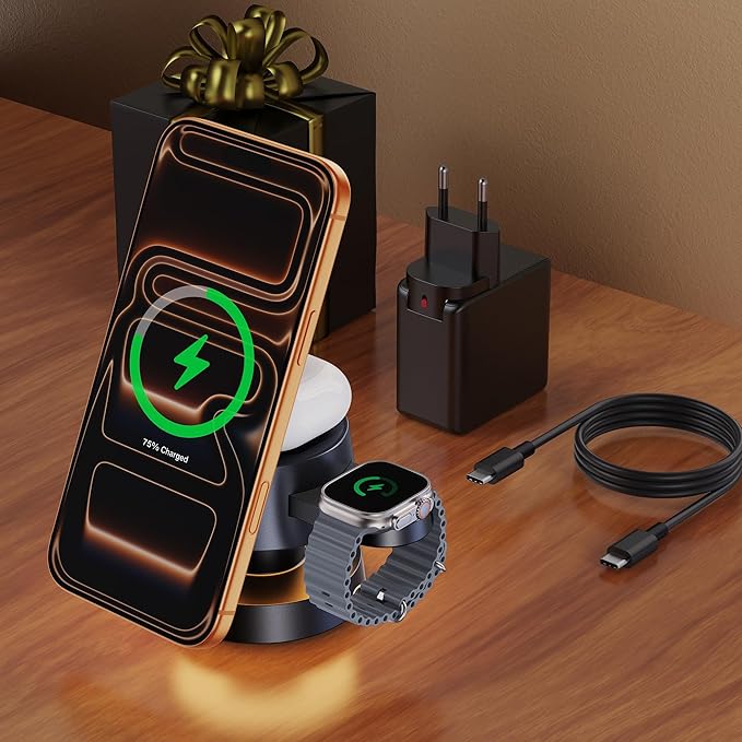 iVANKY 4 in 1 Wireless Charging Station with Night-Lamp for MagSafe Charger Travel Stand, 3 in 1 Charge for iPhone 17e/17/16/15/14/13/12/11, Apple iWatch, Airpods（Included 100W Adapter