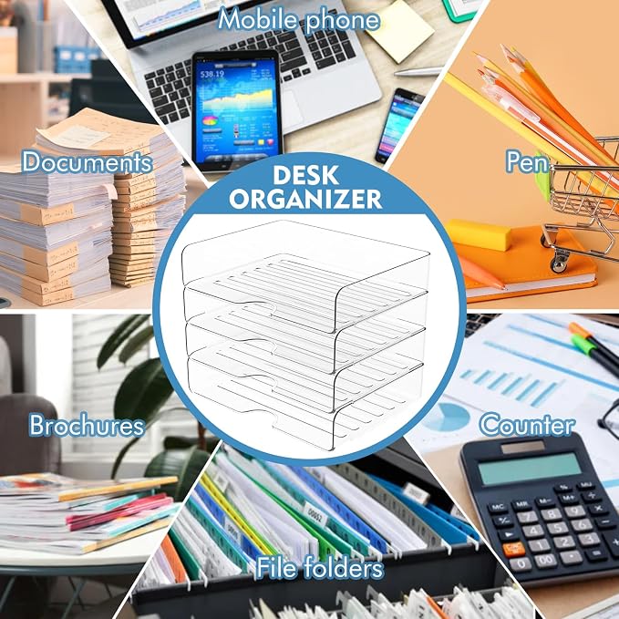 Paper Organizer Letter Tray, 4 Pack Acrylic Stackable Desk File Organizer,Versatile Clear Office Organizer for File Paper, Ipad, Letter, A4 Office File, Books, Notes, Etc