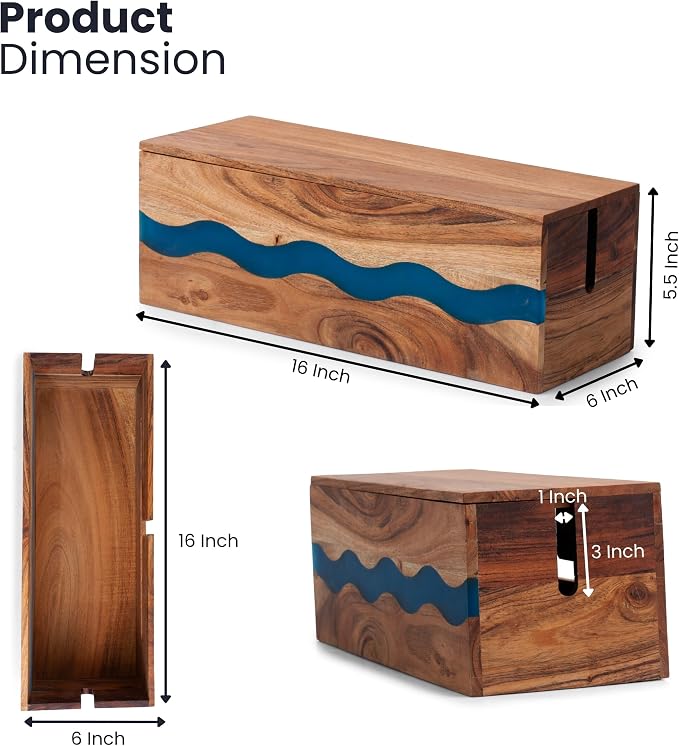 Acacia Wood & Epoxy Cable Management Box, 16X 6 X 5.5 Cable Hider Box, Cable Organizer Box Ideal for Under Desk Cable Management, Router Wires, Surge Protectors and adaptors | Turquoise