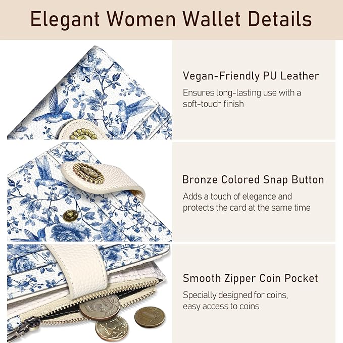 Kelvoris Bird Small Rfid Women Wallet Bifold Zipper Coin Pocket PU Leather Compact Cash Credit Card Holder Travel Wallet for Female Ladies Teen Girls 1 ID Window 10 Card Slots