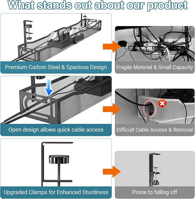 No Drill Under Desk Cable Management Tray, SONATURE 25.3" Cord Organizer for Table, Clamp Mount Desk Cable Management, Premium Carbon Steel Cable Organizer for Office, Home (Black)