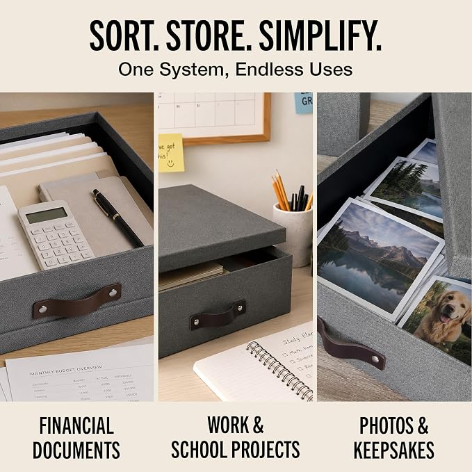 Bigso Oskar Canvas Fiberboard Document Letter Box - File Organizer Box for Important Paperwork - Document Storage with a Lid & Leather Handle - 3.3 in x 10.2 in x 13.8 in - Gray