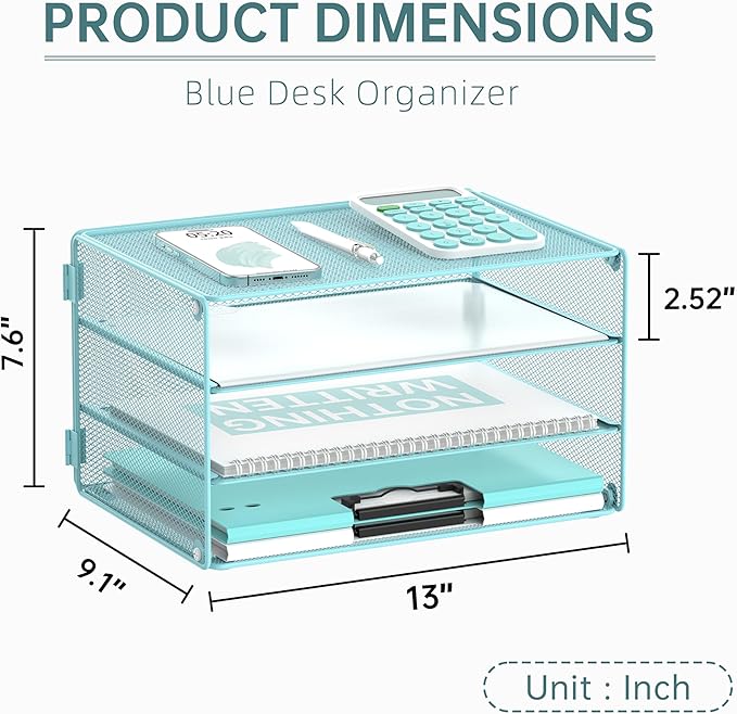 DALTACK 3 Tier Letter Tray Paper Organizer for Desk, Mesh Metal Desk File Organizer with Sliding Trays for Letter/A4 Paper, Mail, Bills & Folders, Blue