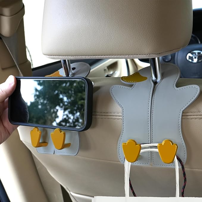 Car Seat Back Hooks - Double Hook Headrest Hanger for Purse, Bags, Groceries & Phone Holder - Universal Fit for Car, SUV, Truck - Heavy Duty Metal & Premium Leather Organizer (Grey)