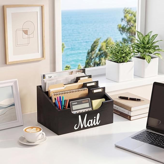 Rustic Wood Mail Organizer Countertop with 4 Slots, Black Mail Holder for Desk, Removable Dividers Mail Sorter, Letter Bill File Organizer for Home Office Classroom, Desktop Organizer with Free Labels